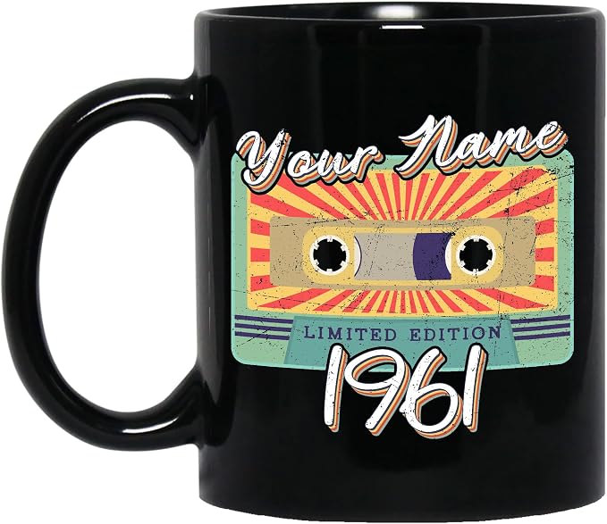 Personalized Vintage Cassette Tape Vintage 1961 Mug, Custom Your Name, 1961 Retro Coffee Mug, 61st Birthday Present Gifts, 1961 Birthday Gift For Friends Family, Customizable Black Tea Cups