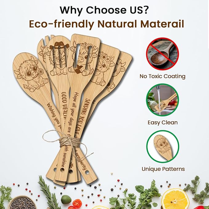 CUTHOLLOW 6PCS Highland Cattle Wooden Kitchen Cooking Utensil Set, 11.9in Non Toxic Bamboo Wood Spoon Set for Cooking, Best Housewarming Birthday Thanksgiving Christmas Gift for Women Mother