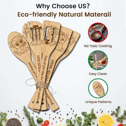 CUTHOLLOW 6PCS Highland Cattle Wooden Kitchen Cooking Utensil Set, 11.9in Non Toxic Bamboo Wood Spoon Set for Cooking, Best Housewarming Birthday Thanksgiving Christmas Gift for Women Mother