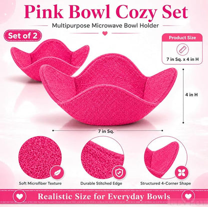 Set 2X Pink 7" sq. x 4" H Inch Microwave Bowl Cloth Hot Pads Pot Holders Polyester Microwavable Bowl Cozies for Food, Ooma, Ramen Bowls Cozy or Soup Koozie, Good Kitchen Accessories, Gadgets