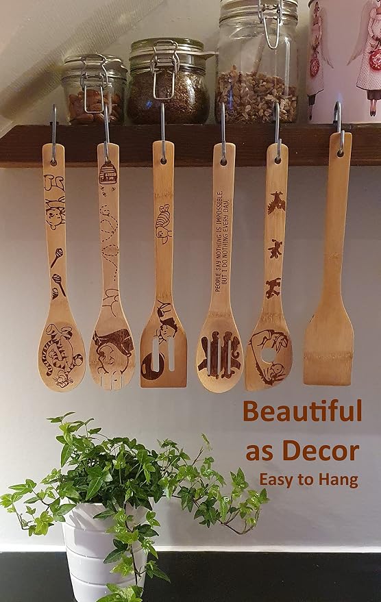 Bejky 6-Pcs Wooden Bamboo Spoons Set - Organic Food Cooking Utensils - Kitchen Accessories and Home Decor - Cookware Gifts for Women - Easy Wash Spatulas - 3D Engraved Patterns (Winnie the Bear)
