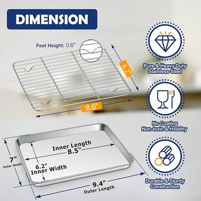 9 Inch Baking Sheet Pan with Rack Set, Joyfair Stainless Steel Toaster Oven Pans Tray & Cooling Racks for Cookie/Jelly Roll/Bacon/Meat, Commercial Metal & Rust-free, Dishwasher Safe