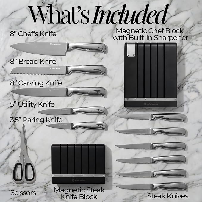 German Stainless Steel Kitchen Knife Block Set with Built-in Sharpener - 2-in-one Space Saving Magnetic Countertop and Knife Drawer Organizer with Stainless Steel Knives, Ideal Gift