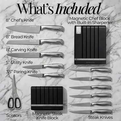 German Stainless Steel Kitchen Knife Block Set with Built-in Sharpener - 2-in-one Space Saving Magnetic Countertop and Knife Drawer Organizer with Stainless Steel Knives, Ideal Gift