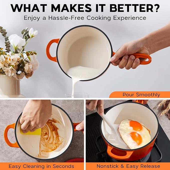 Onader Saucepan Set with Lid, 1QT & 2QT Small Enameled Cast Iron Pot Sets for Cooking, Nonstick Sauce Pan Dutch Oven, Induction Compatible, Heavy Duty – Sunset Orange