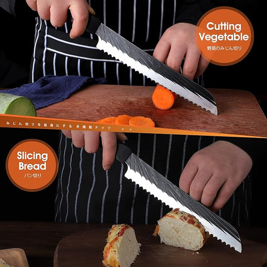 ROCOCO Sharp Serrated Bread Knife - Bread Cutter Slicer Knife Meat Cleaver for Home Kitchen 7.4" Birthday Father Mother Christmas Gift Idea