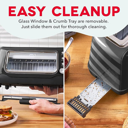 Dash Clear View Toaster, 10.5" Long Slot 2 Slice Toaster with See-Through Glass Window, 7 Browning Levels, Bagel, Defrost & Reheat Functions, Removable Glass Panel, Crumb Tray - Black