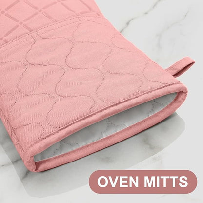Oven Mitts Pot Holders Sets/Kitchen Towels and Dishcloths, Oven Gloves Kitchen Dish Towels 500 Degree Heat Resistant Potholders with Non-Slip Silicone Surface for Cooking, Grilling, Baking-Pink