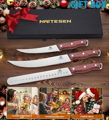 Naitesen 3PCS Professional Brisket Carving Knife Set, Butcher Knife, Very Sharp Meat Knives for BBQ Slicing Cutting Full Tang Rosewood Handle High Carbon Steel, Gifts for Men Women