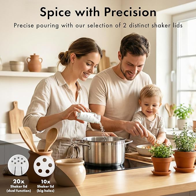 EDELHAUS® Square Spice Jars with Acacia Wooden Lid (Pack of 24) Spice Jars with Shaker Insert and 240 Labels - Acacia Lids Glass Container for Spice Organisation [4.3 in × 1.8 in]