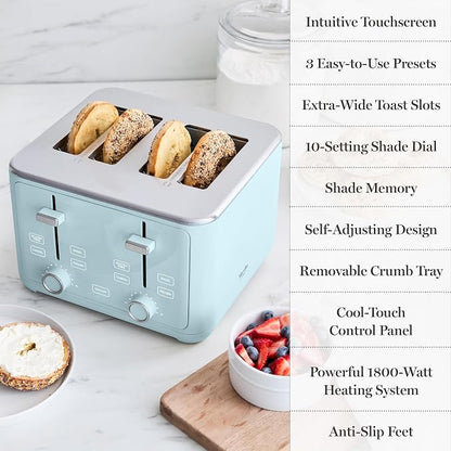 Martha Stewart 4 Slice Toaster, 10 Shade Settings with Defrost, Cancel, Bagel & Gluten-Free, Extra-Wide Self-Centering Slots for Waffles & Artisan Bread, Removable Crumb Tray, Cord Wrap, 1800W, Sky