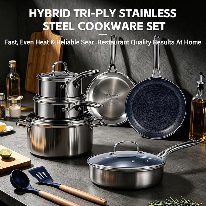 Ammeloo Hybrid Stainless Steel Cookware Set, 17-Piece Tri-Ply Pots and Pans Set Non Stick, Induction Kitchen Cookware Sets, Dishwasher & Oven Safe, PFOA Free, All Cooktops Compatible, Navy Blue