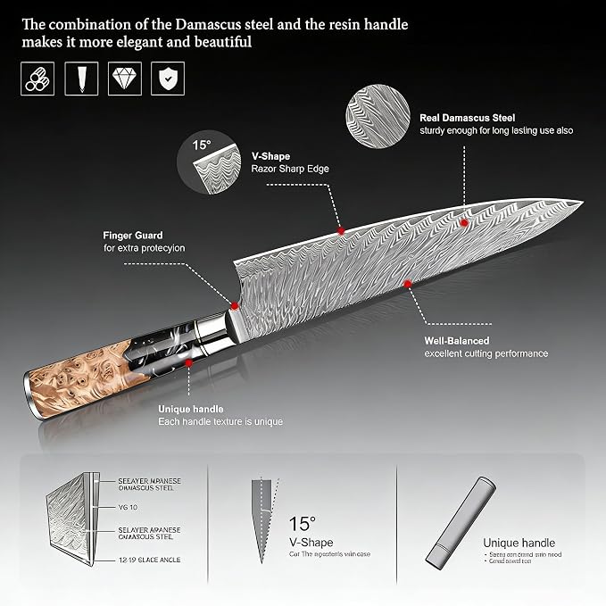 9 PCS Damascus Kitchen Knife Set - 67-Layer High-Carbon Damascus Steel, Pro Chef/Slicing/Utility/Paring Knives & Sharp Cleaver, Ergonomic Rosewood Handles, Ideal for Home/Pro Cooks (Black 9J)