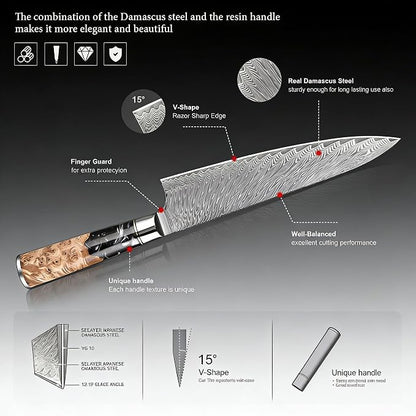 9 PCS Damascus Kitchen Knife Set - 67-Layer High-Carbon Damascus Steel, Pro Chef/Slicing/Utility/Paring Knives & Sharp Cleaver, Ergonomic Rosewood Handles, Ideal for Home/Pro Cooks (Black 9J)
