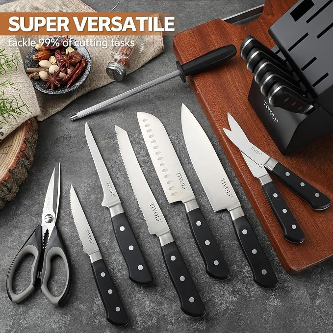 TIVOLI 2025 Knife Set 15 PCS High Carbon Stainless Steel Kitchen Knife Sets with Block & Honing Rod, Premium Razor-Sharp Black Knives Block Set for Kitchen, Ergonomic Full-Tang Handle