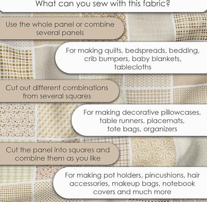 Cotton Satin Patchwork Fabric Panel – 35 Designs, 20×20 cm Squares, Single Piece 150×110 cm, Neutral Beige Quilt Fabric (Golden Beige Patchwork Set, 35pcs 8x8 inch)