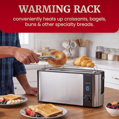 Elite Gourmet ECT3200 2-Slice, 1 Long Slot, Slim Toaster, Reheat, 6 Toast Settings, Defrost, Cancel Functions, Built-in Warming Rack, Extra Wide Slots for Bagels Waffles, Stainless Steel & Black