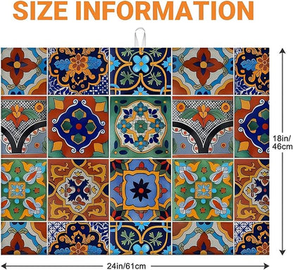 Talavera Mexican Tiles Dish Drying Mat For Kitchen Counter, Super Absorbent Microfiber Dish Drying Pad, Kitchen Gadgets For Easy Clean Multi-Use Large 18"x24"