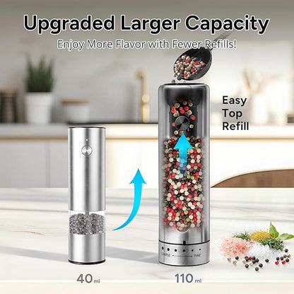 Rechargeable Electric Salt and Pepper Grinder Set - Mess-Free External Adjustable Coarseness, Stainless Steel Automatic Pepper Mill and Salt Grinder with Storage Base, Large Capacity, LED Light, USB-C