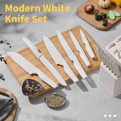 E-far Knife Set, 15-Piece Kitchen Knife Block Set with Sharpener, High Carbon Steel Chef Paring Steak Knives with Ergonomic Non-Slip Handle, Anti-Rust & Razor Sharp, White