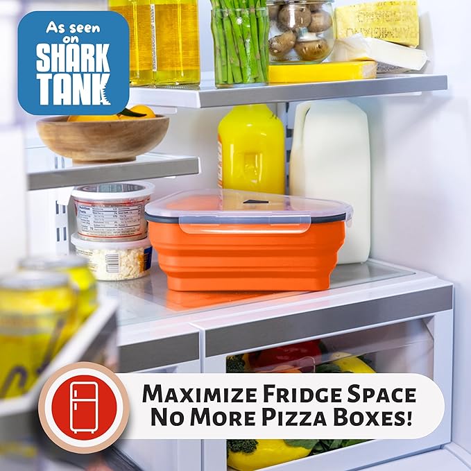 PIZZA PACK The Perfect Reusable Pizza Storage Container with 5 Microwavable Serving Trays - BPA-Free Adjustable Pizza Slice Container to Organize & Save Space, Orange 3 pk