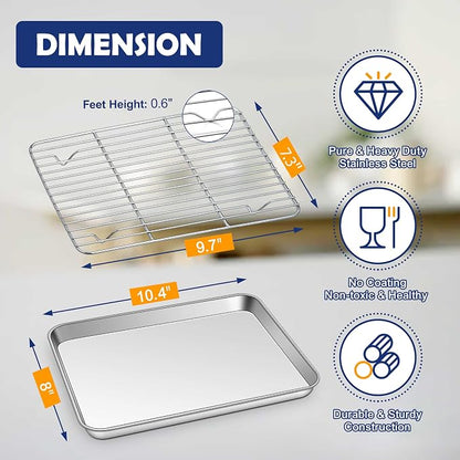 10.4 Inch Baking Sheet Pan with Rack Set, Joyfair Stainless Steel Toaster Oven Pans Tray & Cooling Racks for Cookie/Jelly Roll/Bacon/Meat, Commercial Metal & Rust-free, Dishwasher Safe