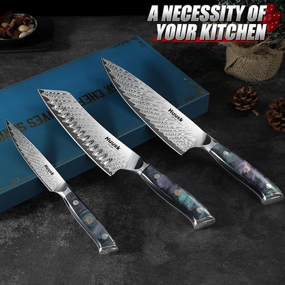 Huusk Japanese Knife Set 3 PCS - Stainless Chef Knife Set with Sheath & Ergonomic Resin Handle, Hand Sharpened Full Tang Professional Kitchen Knives for All Purpose, Fathers Day Gift Idea for Men Dad