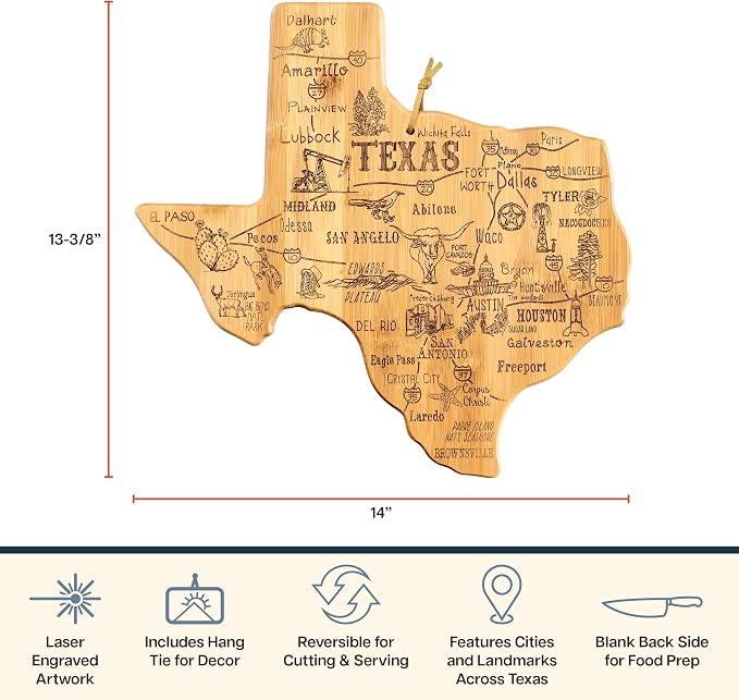 Totally Bamboo Destination Texas State Shaped Bamboo Cutting Board, Charcuterie and Serving Board for Kitchen with Hang Tie for Wall Display