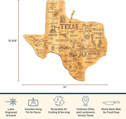Totally Bamboo Destination Texas State Shaped Bamboo Cutting Board, Charcuterie and Serving Board for Kitchen with Hang Tie for Wall Display