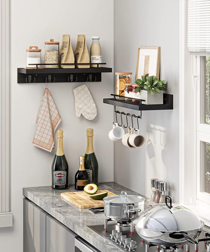 Wood Floating Shelves with Metal Hooks, Wall Mounted Coat Rack with Shelf Set of 2, Bathroom Wall Shelf with Removable Towel Bar, Hanging Shelves with 9 Hooks for Kitchen Entryway Coffee Bar, Black