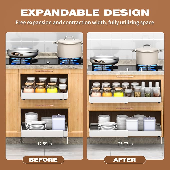 4 Pack Pull Out Cabinet Organizer Expandable,Adjustable 12-21 Inch Width Slide Out Drawer Shelves,Painted Carbon Steel with Heightening Pad,No Drill,for Kitchen/Bathroom/Pantry/Under Sink/Laundry Room