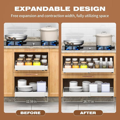 1 Pack Pull Out Cabinet Organizer Expandable,Adjustable 12-21 Inch Width Slide Out Drawer Shelves,Painted Carbon Steel with Heightening Pad,No Drill,for Kitchen/Bathroom/Pantry/Under Sink/Laundry Room