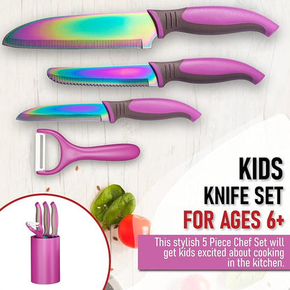 TruChef 5-Piece Kids Knife Set for Real Cooking | Stainless Steel Chef, Paring & Serrated Knives with Peeler & Holder | Safe Junior Chef Cooking Set for Kids (5 pcs, Pink)