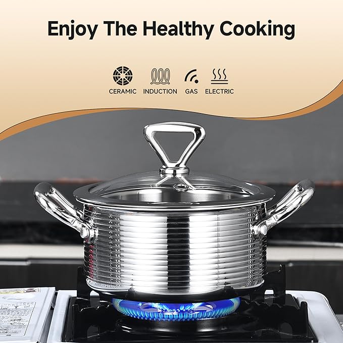 Inqibee 1.5 Quarts Tri-ply Stainless Steel Pot with Lid,Braiser Pan,Small Induction Cooking Pot,Heavy Duty,Dishwasher and Oven Safe