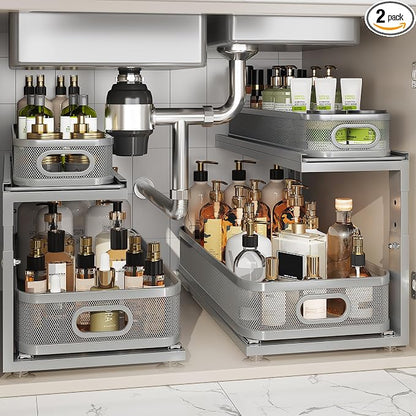 2 Pack 21IN-Depth Under Sink Organizer With Next-Gen Ball-Bearing Slides,2-Tier Precision Mesh Pull Out Cabinet Storage for Bathroom&Kitchen,Height Adjustable Drawers Shelf,Anti-rust-Grey