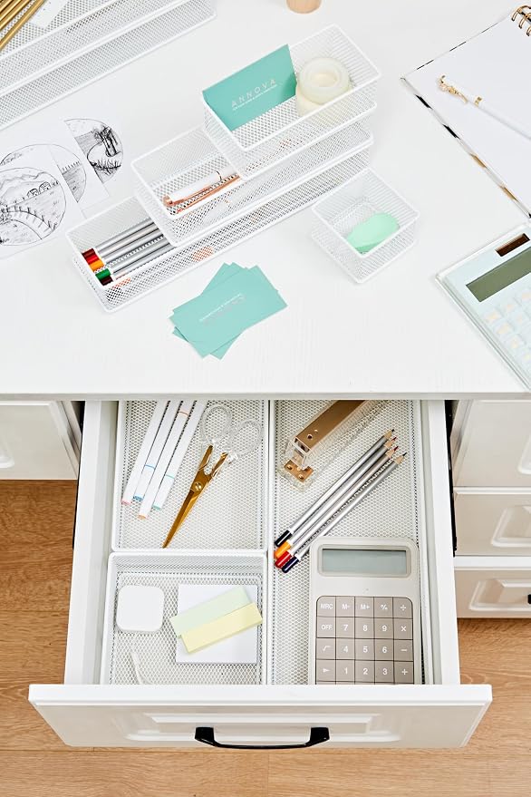 Annova Mesh Stackable Drawer Cabinet and Shelf Organizer Bins Storage Basket School Office Supply Holder Tray- Set of 2 (White, 6x15x2 Inch)