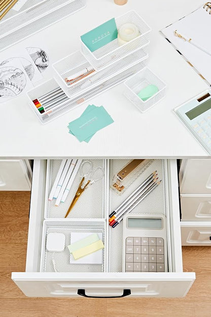 Annova Mesh Stackable Drawer Cabinet and Shelf Organizer Bins Storage Basket School Office Supply Holder Tray- Set of 2 (White, 6x15x2 Inch)