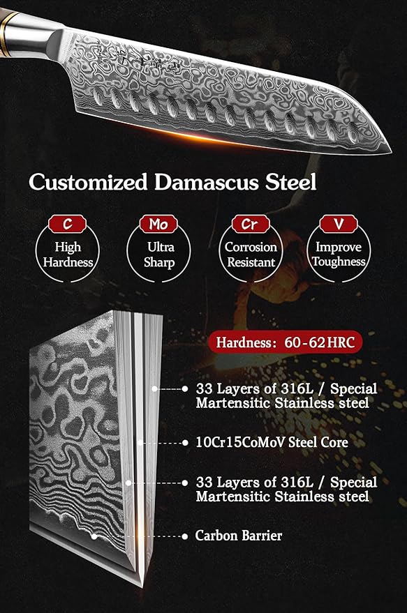 HEZHEN 7PCS Kitchen Knives Set - Professional Forging Damascus High Carbon Steel Chef Knife, Santoku, Bread, Utility, Fruit Knives & Multifunctional Kitchen Scissors - 6Slot Black Walnut Block