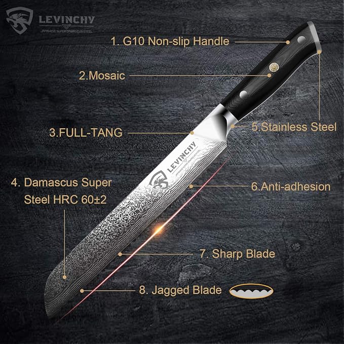 Bread Knife 8 inch Professional Japanese Damascus Stainless Steel with Black Premium G10 Handle, Ergonomic Pro Kitchen Knife, Superb Edge Retention, Stain & Corrosion Resistant