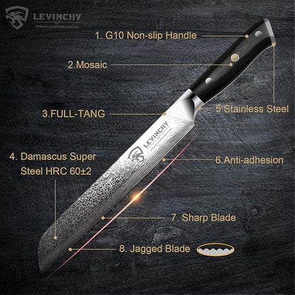 Bread Knife 8 inch Professional Japanese Damascus Stainless Steel with Black Premium G10 Handle, Ergonomic Pro Kitchen Knife, Superb Edge Retention, Stain & Corrosion Resistant