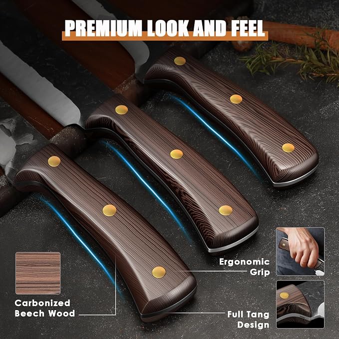 Chef Knife set 3Pcs, Professional Kitchen Knives, Sharp Butcher knife sets, Hand-forged High Carbon Steel Fillet Knife Meat Cleaver Viking Boning knife for Cooking, Gift Box