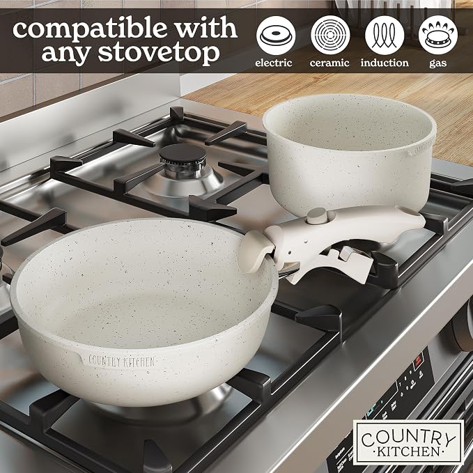 Country Kitchen Cookware Set with Removable Handle, Oven & RV Safe Pots and Pans Set, Cream, Original