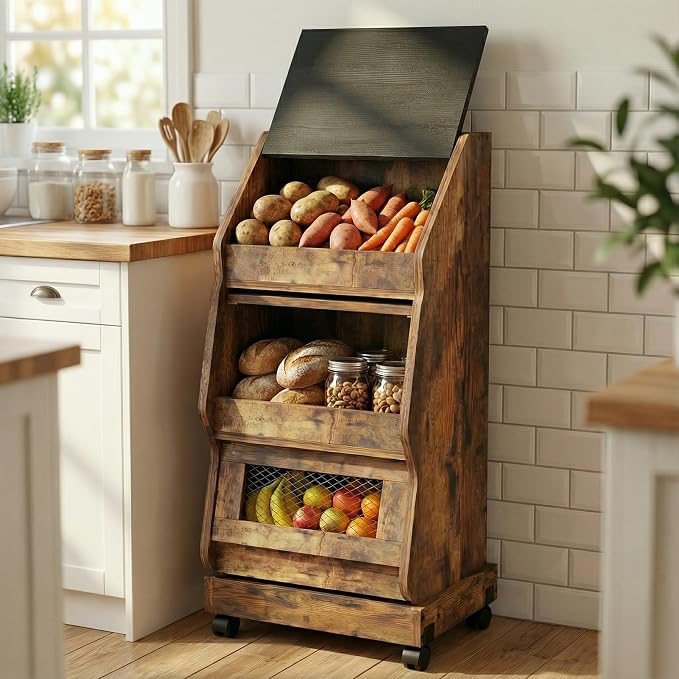 ARTETHYS Potato Storage Bin Movable Bread Box with Lid Rustic and Wheels Onion Organizer with Grocery Section Decorative Vegetable Organization Cabinet for Kitchen