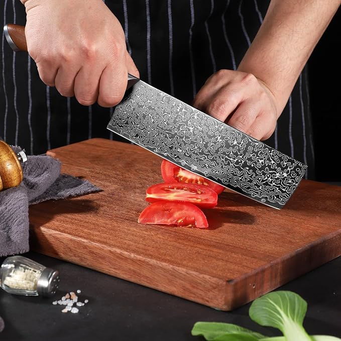 Freelander 7-Inch Nakiri Knife with VG10 Damascus Steel Core, 67-Layer Blade and Walnut Wood Handle, Full Tang Design with Mosaic Pin, Premium Kitchen Knife