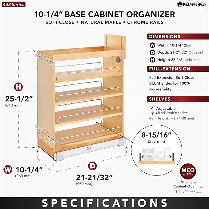 Rev-A-Shelf 10.25" Pullout Storage Organizer for Base Kitchen/Bathroom Cabinets w/Soft-Close Full Extension Slides & Adjustable Shelves, 448-BCSC-9C