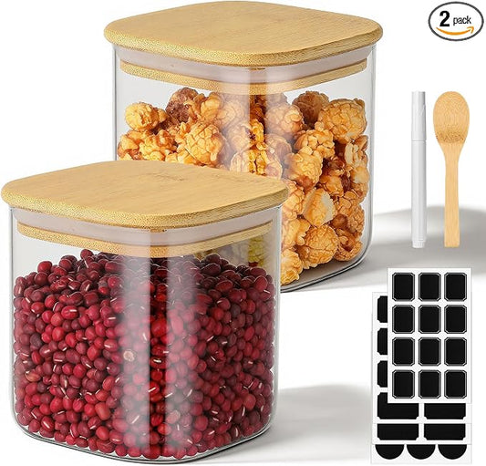 Square Glass Jar with Lid, 2 Pack 24 Fl.oz Glass Jars with Bamboo Lids, Clear Airtgiht Flour Sugar Storage Containers for Coffee, Tea, Cereal, Candy - Included Labels, Marker and Spoon