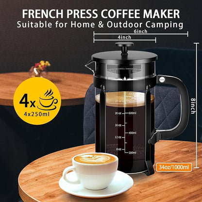 YMMIND French Press Coffee Maker 304 Stainless Steel Coffee Press,with 4 Filters System, Heat Resistant Thickness Borosilicate French Press Glass, BPA-Free Brewed Tea Pot Coffee Plunger(Copper 12oz)