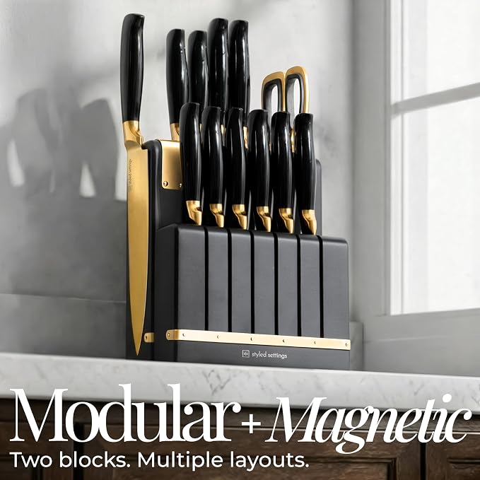 Black and Gold Knife Set - Knife Set with Magnetic Block, Knife Set with Block and Sharpener, Space Saving Convertible In Drawer Knife Block, German Stainless Steel Kitchen Knives