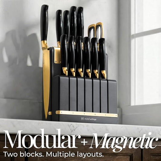 Black and Gold Knife Set - Knife Set with Magnetic Block, Knife Set with Block and Sharpener, Space Saving Convertible In Drawer Knife Block, German Stainless Steel Kitchen Knives
