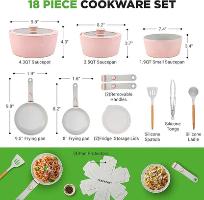 NutriChef 18-Piece Ceramic Cookware Set with Detachable Handles, Non Stick Pots and Pans, PTFE-Free Natural Ceramic Coating, Space-Saving Design, Oven & Stove Safe, Includes Utensils, Pink